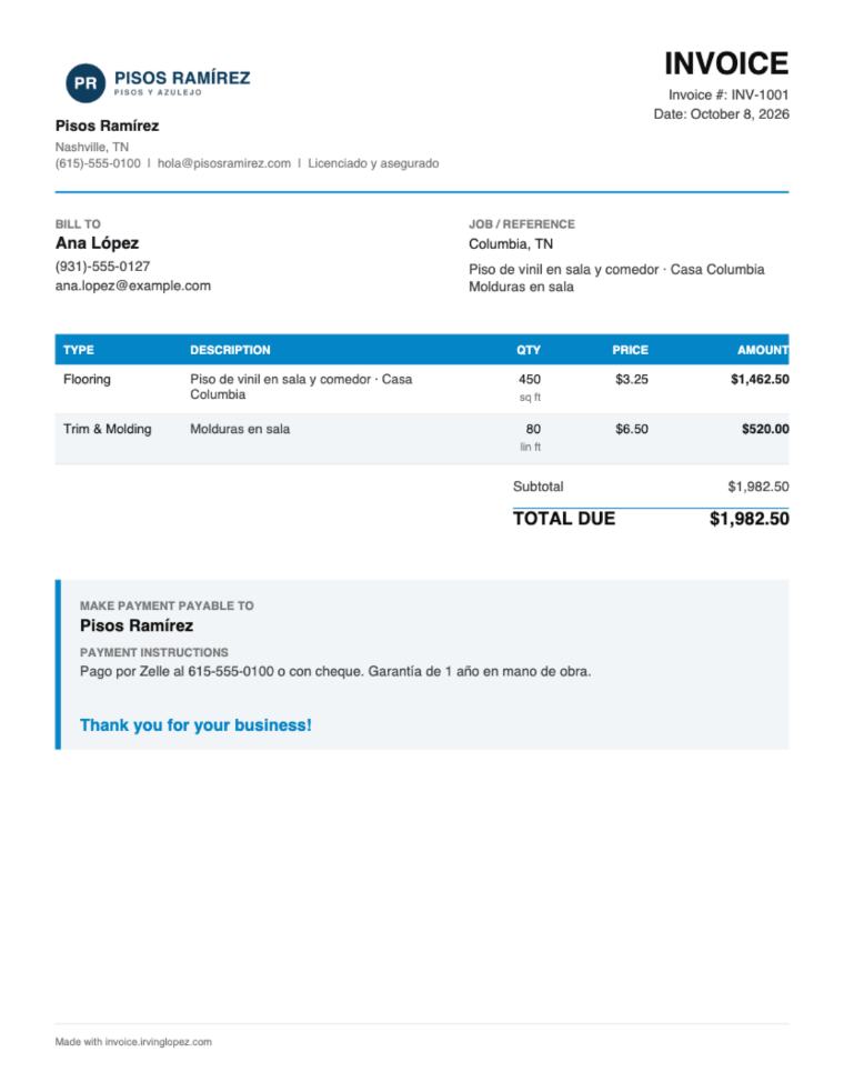 PDF invoice with logo and business details